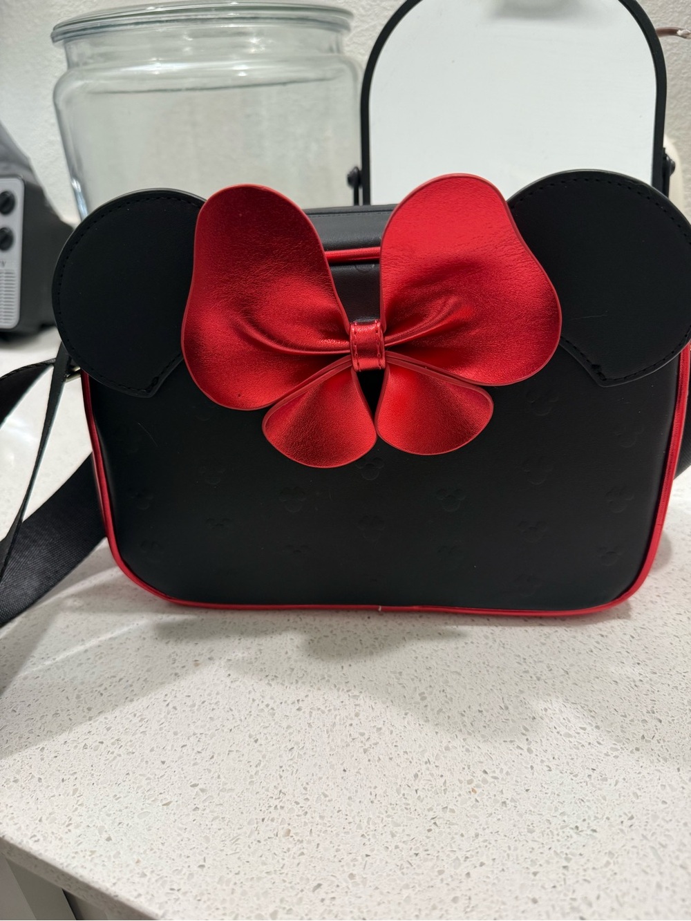 Black Crossbody Minnie Mouse Loungefly Bag with Red Bow Accent